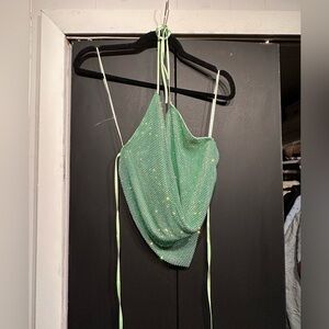 AKIRA Fully rhinestone mesh halter open back top Green Women's Going Out Top